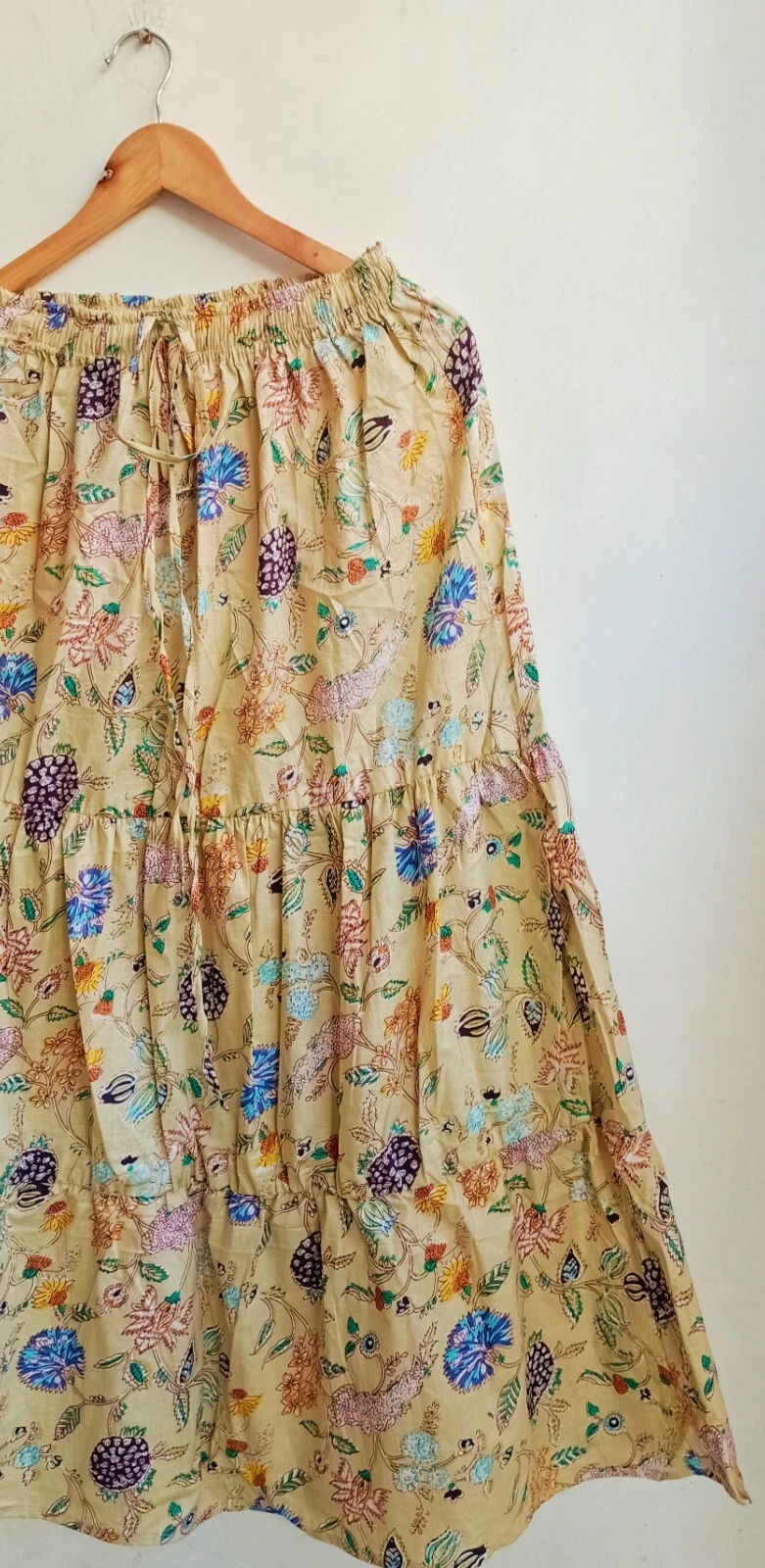 Indian Beige Floral Frill Skirt Cotton Skirt Long Skirt Free Size Beach Wear AU
