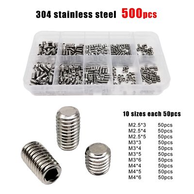 500pcs M2.5-M4 DIN913 304 Hex Hexagon Socket Flat Point Grub Bolt Set Screw Kit