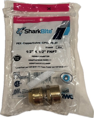 SharkBite 1/2" x 1/2" FNPT Straight Brass PEX Copper CPVC PE-RT Female Adapter