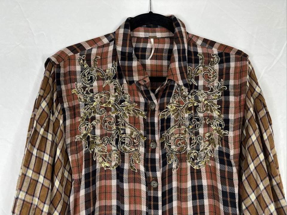 Top túnica Free People para mujer talla M lentejuelas a cuadros manga larga con botones BOHO Foto 2 de 4