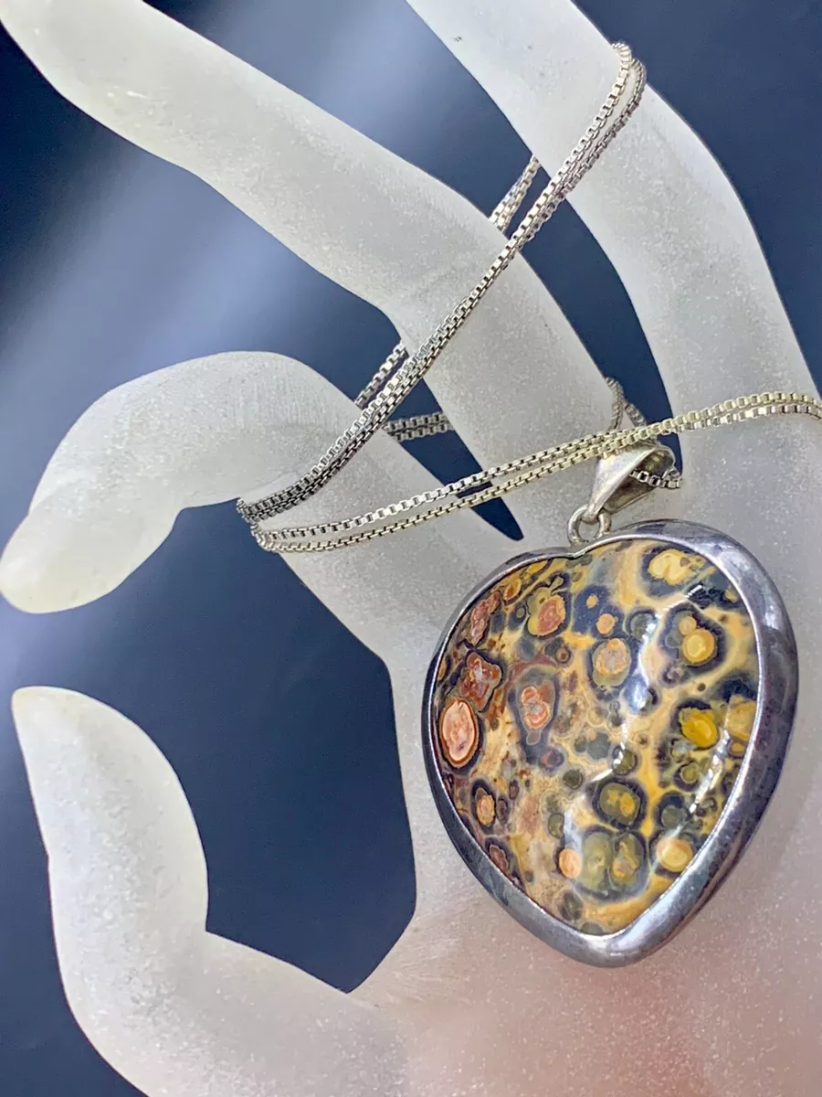 VINTAGE STERLING SILVER TURTLE SHELL AGATE HEART SHAPED PENDANT NECKLACE MEXICO