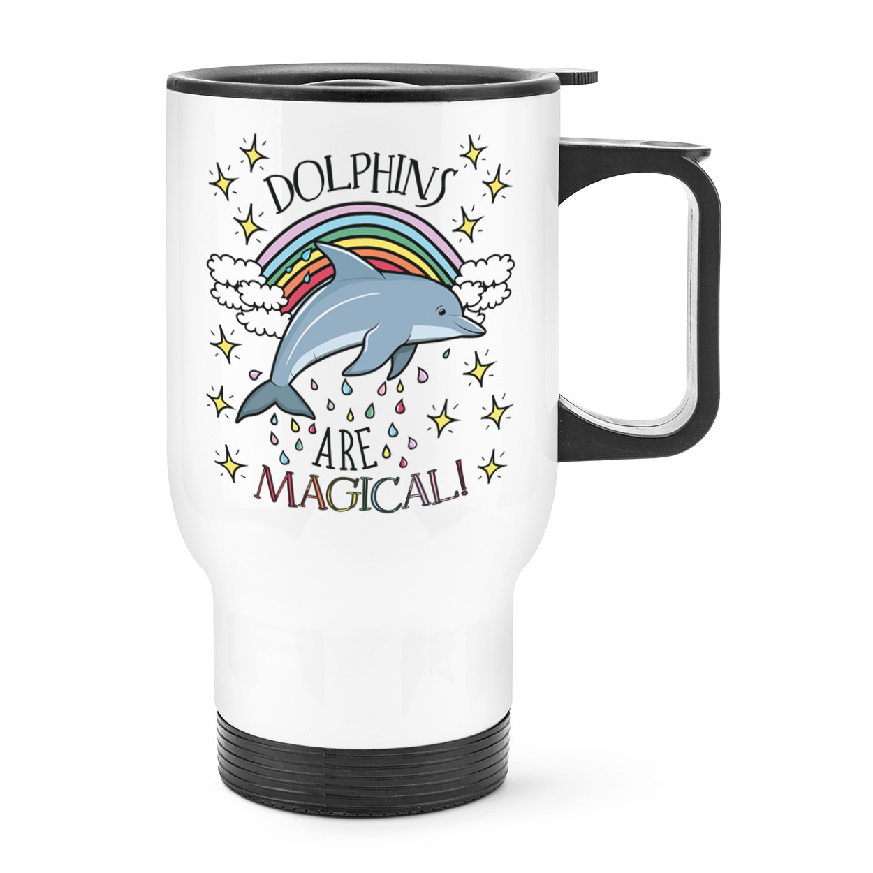 Dolphins Are Magical Travel Mug Cup With Handle - Funny Thermal Flask Rainbows