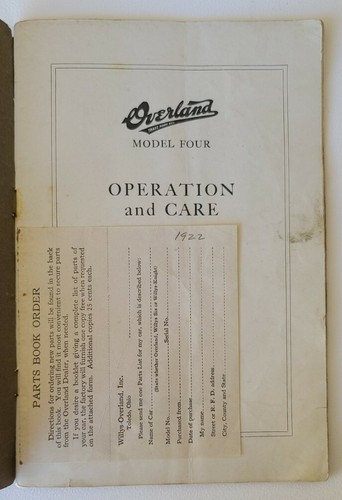 1922 OVERLAND MODELO CUATRO MANUAL DE OPERACIÓN Y CUIDADO ORIGINAL - Imagen 2 de 7