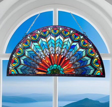 Stained Glass Semi-Circle Window Panel Suncatcher Peacock Design 35x18in
