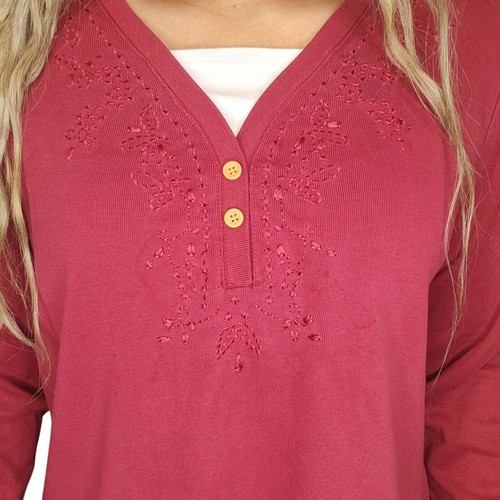 Red Burgundy Embroidered Shirt Womens XL Long Sleeve V Neck Christmas Holidays - Picture 2 of 15