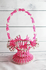 Pink and clear vintage bead safety pin basket - kitschy home decor