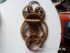 Brown boho Macrame Frog Wall Hanging Big Plastic Eyes / Towel Hoop Approx 20"