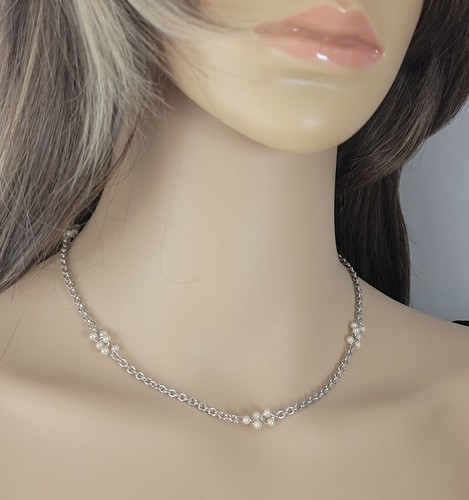 Silver Tone Chain Toggle Necklace Dainty Faux Pearl Clusters 16" - 第 3/5 張圖片