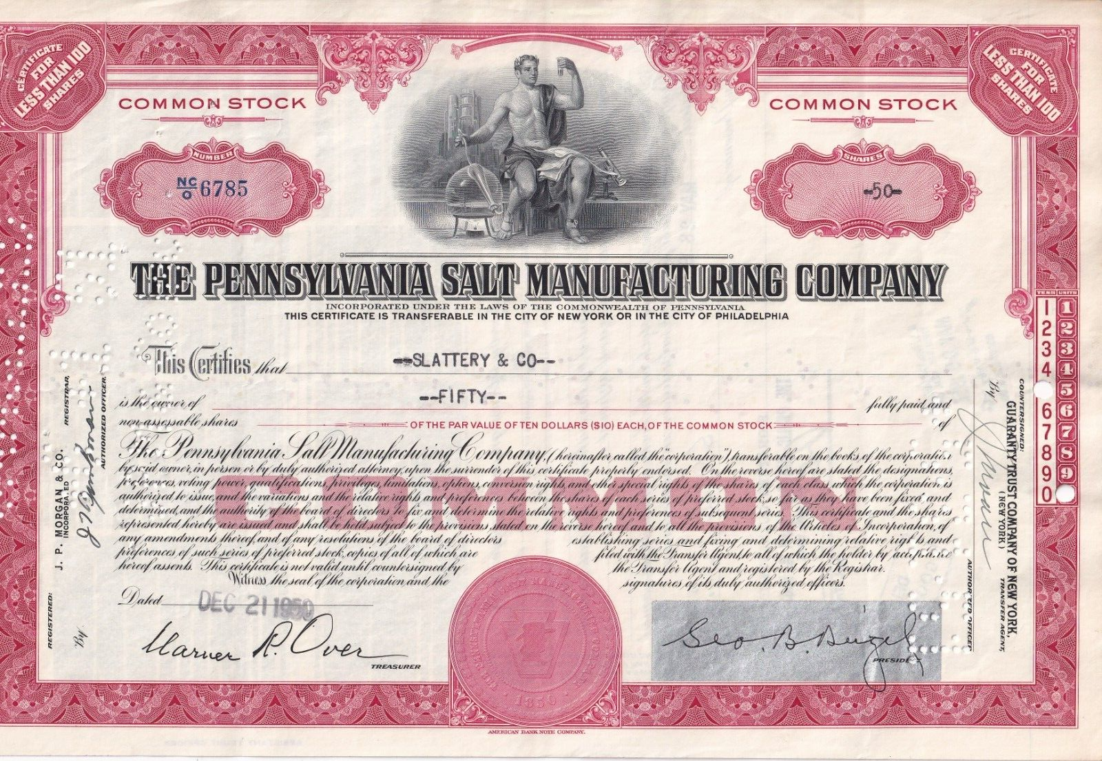 1950 The Pennsylvania Salt Manufacturing Original Old Stock Certificate No.6785