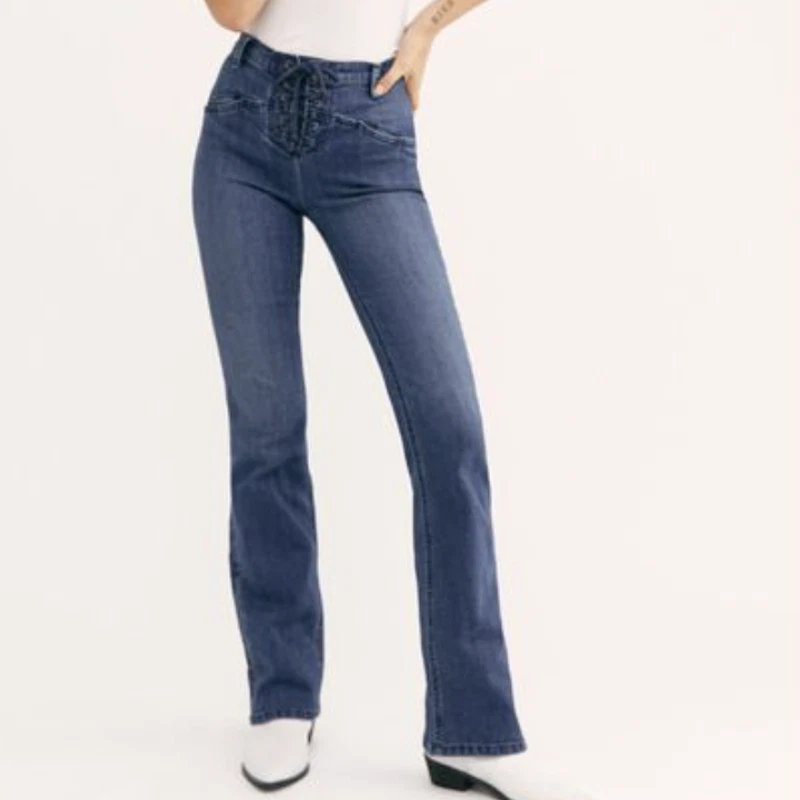 Free People Eva Tie Up Lace High Waisted Bootcut Jeans Medium Wash Size 26