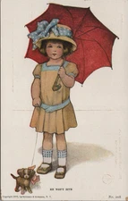 Girl Red Umbrella Puppy Dog He Won't Bite Gutmann Antique Postcard