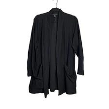 EILEEN FISHER Black Drape Front Crepe Cardigan Jacket Size 1X Open Front Pockets