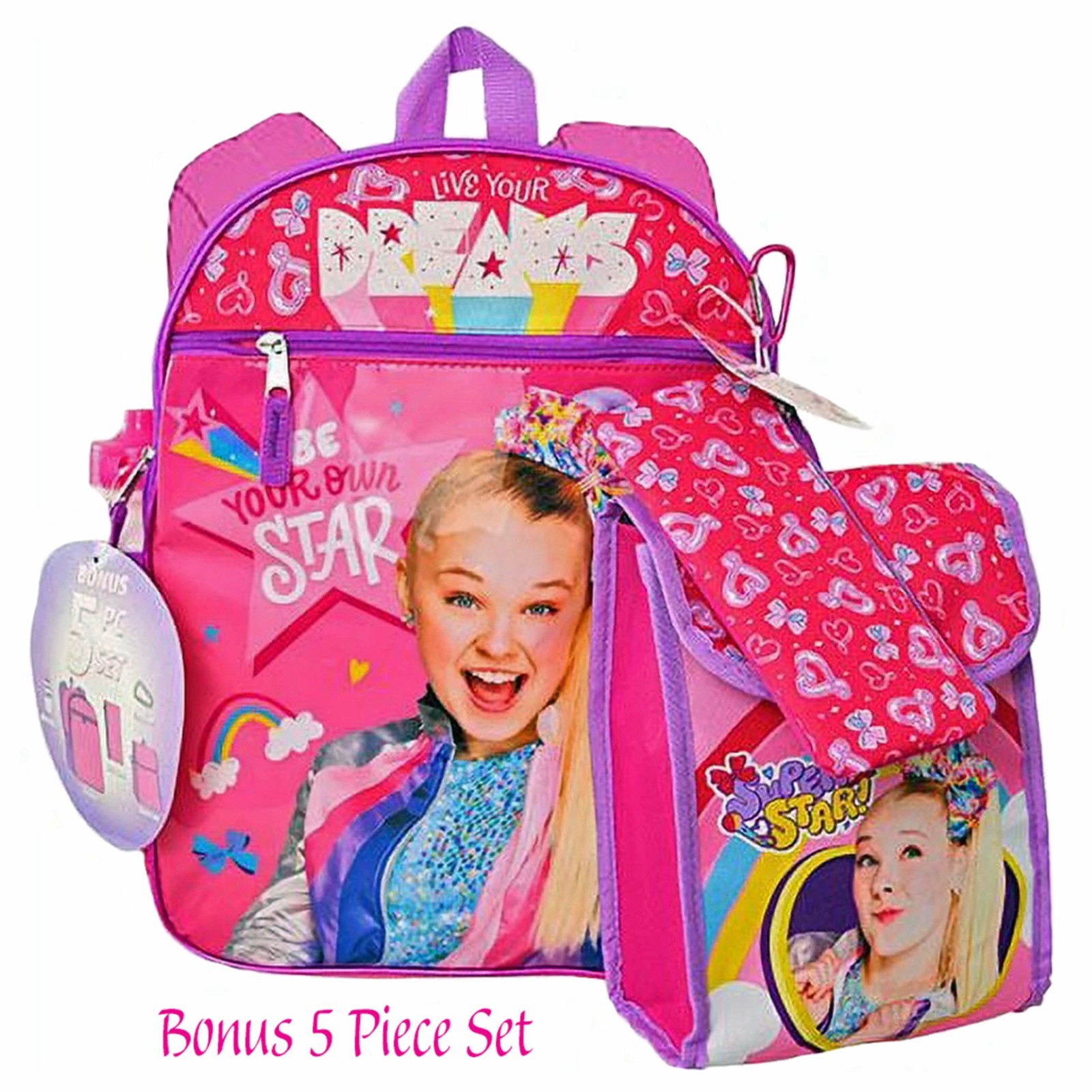 Jojo Siwa Backpack, Lunch Bag, Water Bottle Keychain 5 Piece