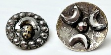 Rare 2 Small Cut Steel Picture buttons BABY FACE & MOONS #509