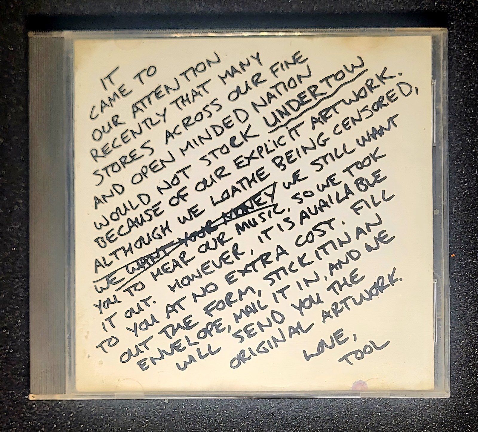 Tool UNDERTOW Very Rare Cover with Note From The Band. No Art Or Cover