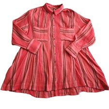 Free People Oversize Button Front Boho Midi Dress Tunic Women's L Orange Fairy