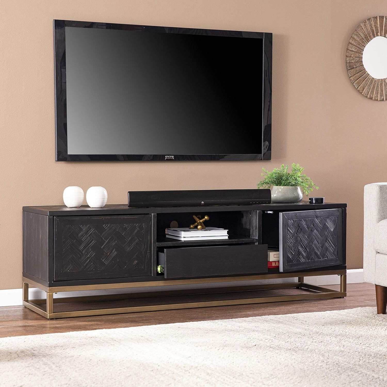 Elegant Black/Gold Reclaimed Wood TV Stand for Stylish Media Storage