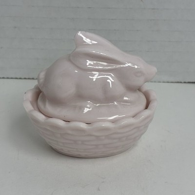Vintage Rabbit Bunny on Nest PINK Ceramic Mini Trinket Box 2 1/2  JAPAN