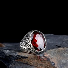 Red Zircon Stone Eagle 925 Sterling Silver Men's Ring Turkish Handmade Jewelry