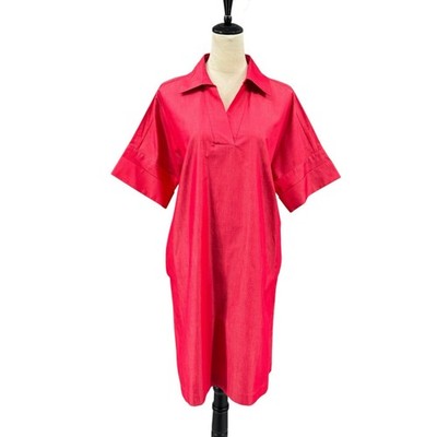 Ming Wang NWT M Red Collar Split V-Neck Short Sleeve Shift Shirt Dress Pockets