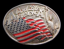 JK02147 GREAT 1980s GOD BLESS AMERICA  FLAG  STATUE OF LIBERTY  BELT BUCKLE