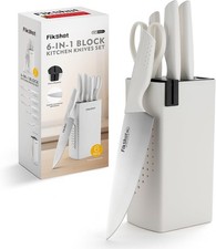 FIKSHOT 6 Piece Kitchen Knife Block Set w Built In Sharpener