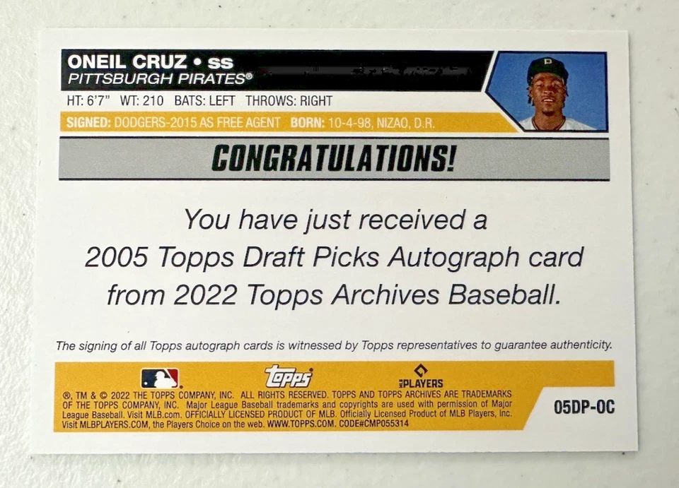 **NICE** 2022 Topps Archives--ONEIL CRUZ--Autographed Card--PIRATES---ERROR - Image 2 of 2