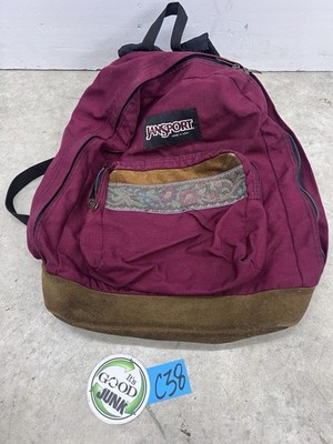 floral jansport backpacks with leather bottoms Jansport 90s Vintage Backpack Maroon Floral Tapestry Suede Leather Bottom