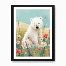 Polar Bear Cub In A Field Of Flower Framed Wall Art Poster Canvas Print Picture