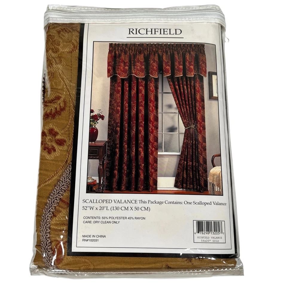 Vtg Richfield Scalloped Valance 52x20 Gold Floral Jacquard Curtain Decor 5 Piece - Image 4 of 4