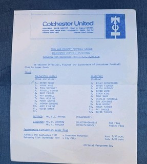 COLCHESTER UNITED V BRAINTREE T & C LEAGUE 1981/82 SINGLE SHEET PROGRAMME