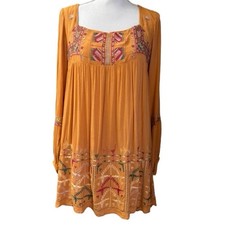 Free People Yellow Embroidered Bohemian Midi Dress Small 