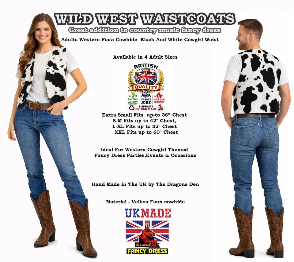 Adults Woody Cowhide Animal Print Waistcoat Cowboy Cowgirl Wild West Fancy Dress - Image 2 of 4