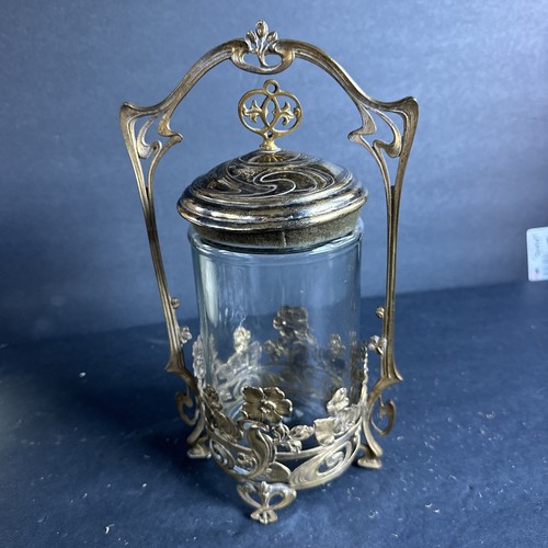 Antique silver-plated Art Nouveau pickling jar with glass insert.#R25