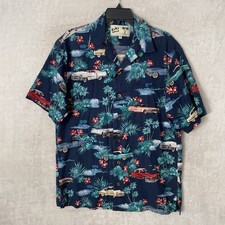 Koko Island Mens Hawaiian Shirt Blue Geometric Car Medium Cotton Short Sleeve