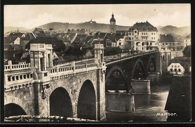 Maribor, Brücke mit Ortspanorama, Ansichtskarte 