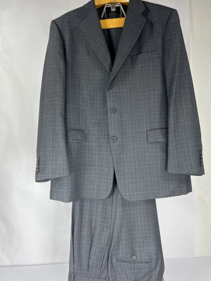 Traje Completo 44R Hickey Freeman Hombre Gris A Cuadros Lana Peinada Puño Plisado Foto 3 de 4