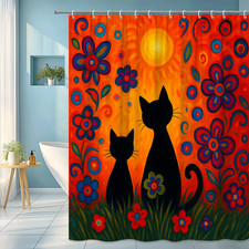 Colorful Cat Shower Curtain with Floral Design and Bright Background