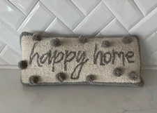 Hooked Wool Pillow with Pom Poms~"Happy Home"~Cream & Gray~18" x 8"~EXCELLENT