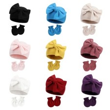 Newborn Infant Baby Girl Cotton Soft Stretch Beanie Bowknot Hat With Gloves