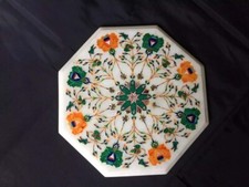 12" Octagon White Marble Inlay Table Console Bar Handmade Arts Pietra Dura Work