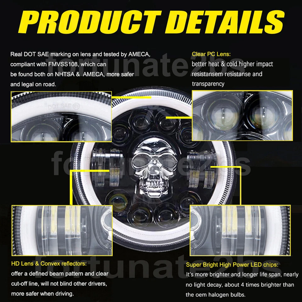 Faro LED calavera rgb redondo de 7 pulgadas halo DRL para camioneta Ford de 1/2 3/4 toneladas 1 pieza Foto 4 de 4