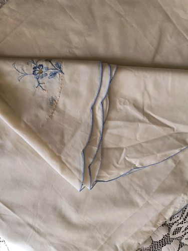 Vintage Beige mit Blau Hand Bestickt Blumen Oval Tischdecke 64"× 82" - Bild 13 von 13