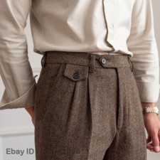 Men's Herringbone Wool Blend Trousers High Waist Straight Long Casual Pants HOT