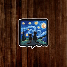 Starry Night Cats Art Sticker - Van Gogh Inspired Feline Fantasy Decal #1565