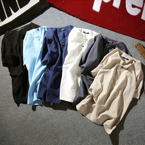 Men Short Sleeve T-shirt Casual Henley Grandad V Neck Button Plain Tee Shirt Top - Picture 3 of 30