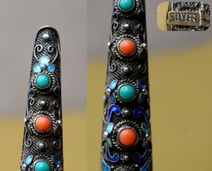 Antique Chinese Sterling Silver Finger Guard enamel filigree pin Brooch 1900
