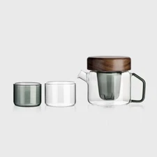 Tea Cups Teapot Set Coffee Mug Cups Filter Teapot Wooden Lid Japanese Glass