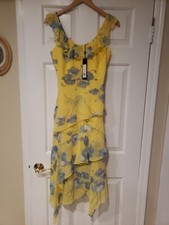 NWT BCBG MAXAZRIA Floral Tiered Midi Shift Yellow Dress Sz 2- 298