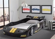 Kids Twin Bed Black Sports Racing Car Nascar Toddler boy wheels zoom speedway